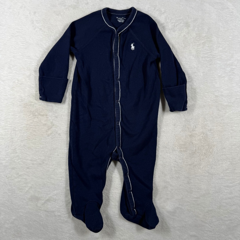 Ralph Lauren Baby Navy Blue Cotton Footed Coverall Snap Romper 6M Pony Logo